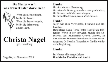 Traueranzeige von Christa Nagel (geb. Havelberg)  von Magdeburger Volksstimme