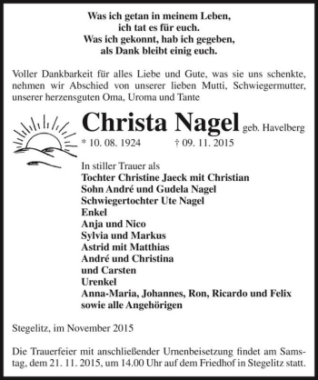 Traueranzeige von Christa Nagel (geb. Havelberg)  von Magdeburger Volksstimme
