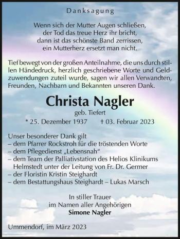 Traueranzeige von Christa Nagler (geb. Tiefert)  von Magdeburger Volksstimme