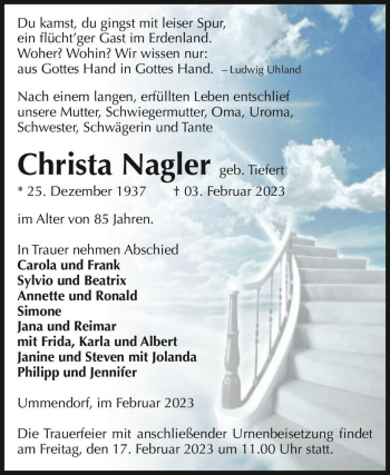 Traueranzeige von Christa Nagler (geb. Tiefert)  von Magdeburger Volksstimme