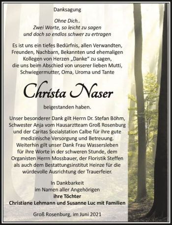 Traueranzeige von Christa Naser  von Magdeburger Volksstimme