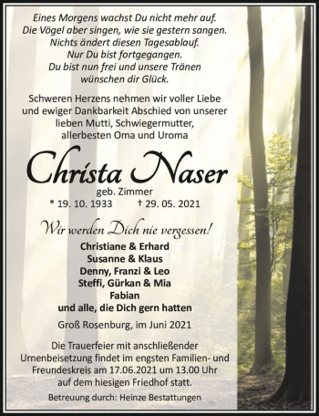 Traueranzeige von Christa Naser (geb. Zimmer)  von Magdeburger Volksstimme