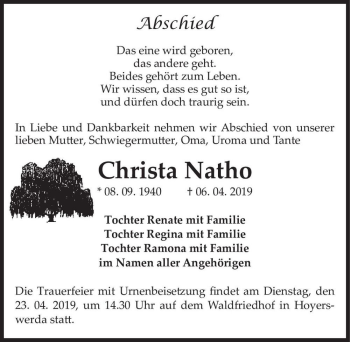 Traueranzeige von Christa Natho  von Magdeburger Volksstimme