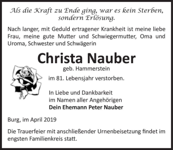 Traueranzeige von Christa Nauber (geb. Hammerstein)  von Magdeburger Volksstimme