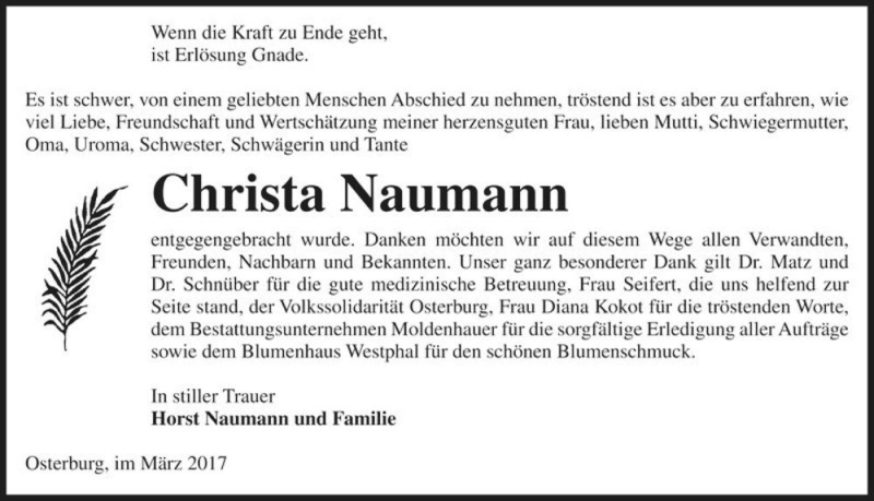  Traueranzeige für Christa Naumann  vom 15.04.2017 aus Magdeburger Volksstimme