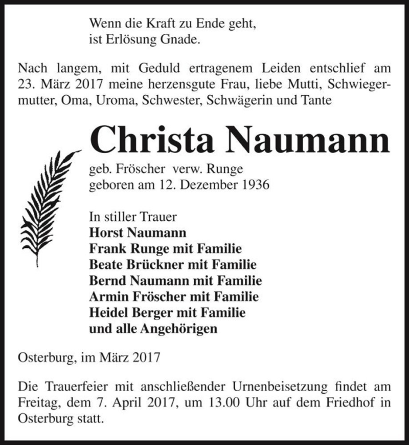  Traueranzeige für Christa Naumann (geb. Fröscher, ver. Runge)  vom 25.03.2017 aus Magdeburger Volksstimme