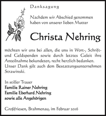 Traueranzeige von Christa Nehring  von Magdeburger Volksstimme