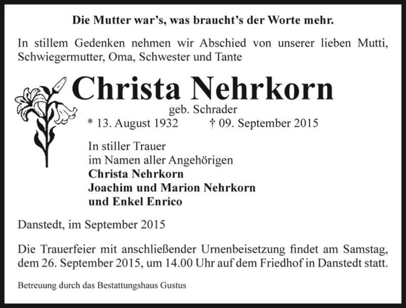  Traueranzeige für Christa Nehrkorn (geb. Schrader)  vom 12.09.2015 aus Magdeburger Volksstimme