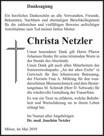 Traueranzeige von Christa Netzler  von Magdeburger Volksstimme