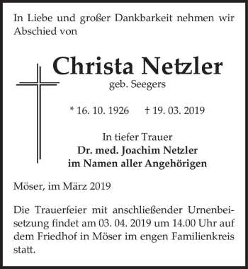 Traueranzeige von Christa Netzler (geb. Seegers)  von Magdeburger Volksstimme