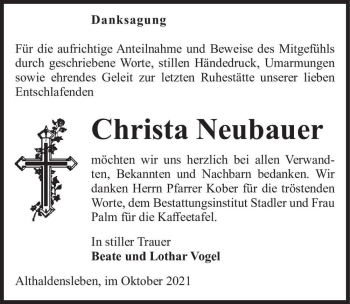 Traueranzeige von Christa Neubauer  von Magdeburger Volksstimme