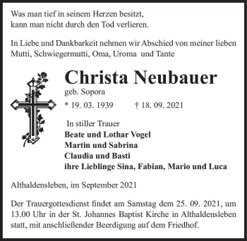 Traueranzeige von Christa Neubauer (geb. Sopora)  von Magdeburger Volksstimme