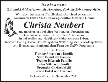 Traueranzeige von Christa Neubert  von Magdeburger Volksstimme