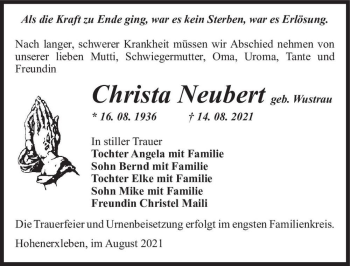 Traueranzeige von Christa Neubert (geb. Wustrau)  von Magdeburger Volksstimme