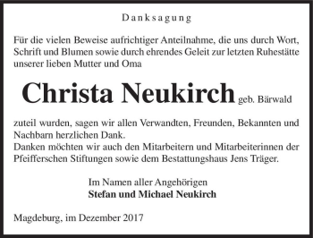 Traueranzeige von Christa Neukirch (geb. Bärwald)  von Magdeburger Volksstimme