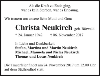 Traueranzeige von Christa Neukirch (geb. Bärwald)  von Magdeburger Volksstimme