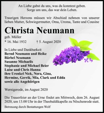 Traueranzeige von Christa Neumann (geb. Müller)  von Magdeburger Volksstimme