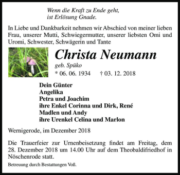 Traueranzeige von Christa Neumann (geb. Spüko)  von Magdeburger Volksstimme