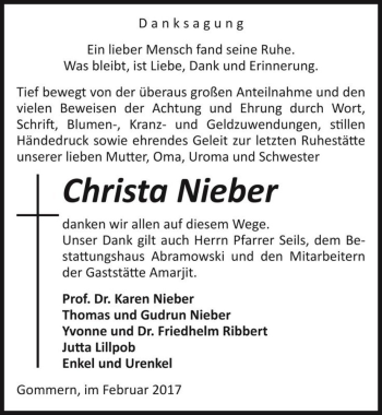 Traueranzeige von Christa Nieber  von Magdeburger Volksstimme