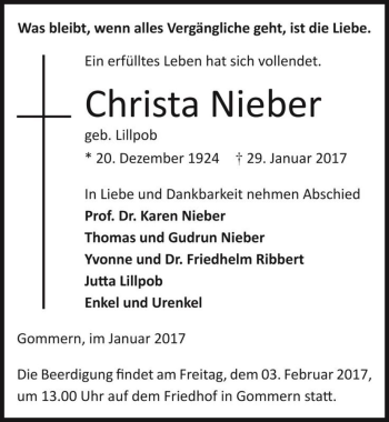Traueranzeige von Christa Nieber (geb. Lillpob)  von Magdeburger Volksstimme