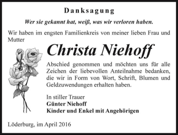 Traueranzeige von Christa Niehoff  von Magdeburger Volksstimme