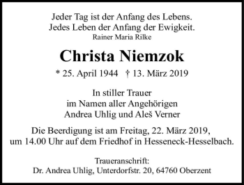 Traueranzeige von Christa Niemzok  von Magdeburger Volksstimme