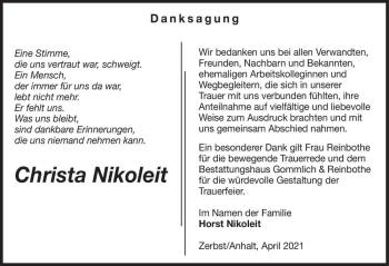 Traueranzeige von Christa Nikoleit  von Magdeburger Volksstimme