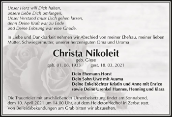 Traueranzeige von Christa Nikoleit (geb. Giese)  von Magdeburger Volksstimme