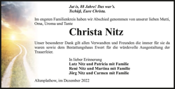 Traueranzeige von Christa Nitz  von Magdeburger Volksstimme
