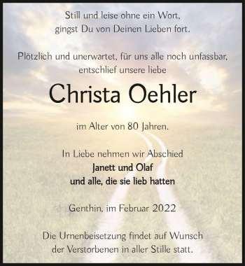 Traueranzeige von Christa Oehler  von Magdeburger Volksstimme