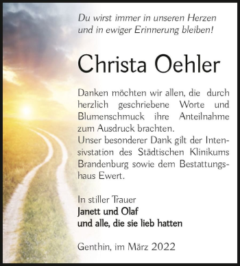 Traueranzeige von Christa Oehler  von Magdeburger Volksstimme