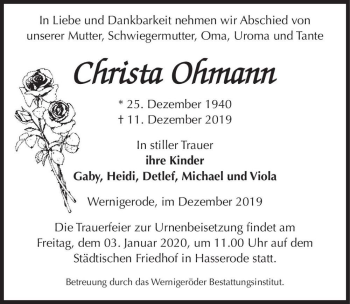 Traueranzeige von Christa Ohmann  von Magdeburger Volksstimme