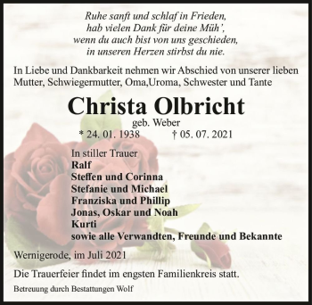 Traueranzeige von Christa Olbricht (geb. Weber)  von Magdeburger Volksstimme