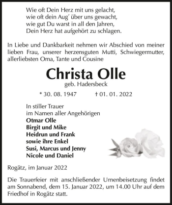 Traueranzeige von Christa Olle (geb. Hadersbeck)  von Magdeburger Volksstimme