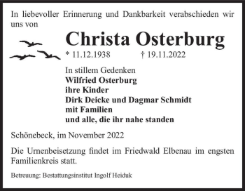 Traueranzeige von Christa Osterburg  von Magdeburger Volksstimme