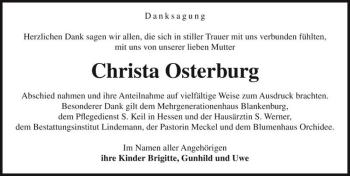 Traueranzeige von Christa Osterburg  von Magdeburger Volksstimme