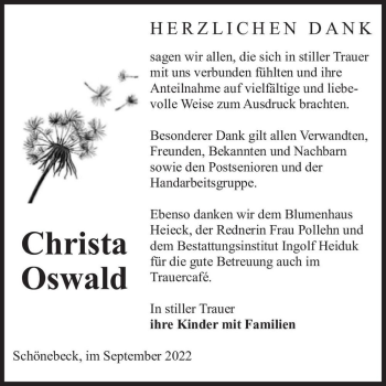 Traueranzeige von Christa Oswald  von Magdeburger Volksstimme
