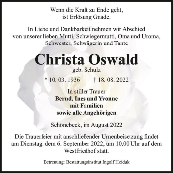Traueranzeige von Christa Oswald (geb. Schulz)  von Magdeburger Volksstimme