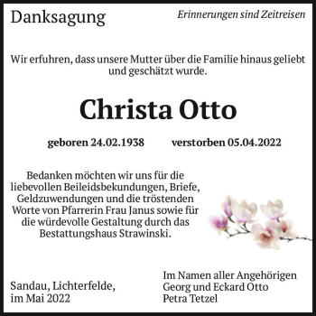 Traueranzeige von Christa Otto  von Magdeburger Volksstimme