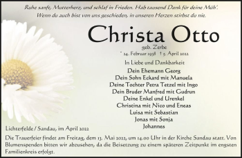 Traueranzeige von Christa Otto (geb. Zerbe)  von Magdeburger Volksstimme