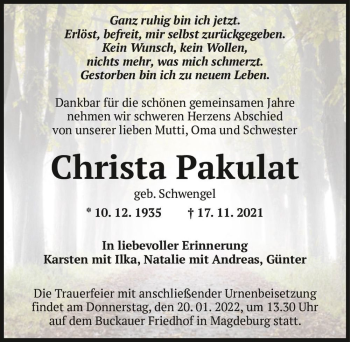 Traueranzeige von Christa Pakulatt (geb. Schwengel)  von Magdeburger Volksstimme