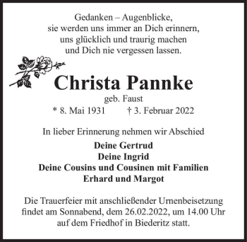 Traueranzeige von Christa Pannke (geb. Faust)  von Magdeburger Volksstimme