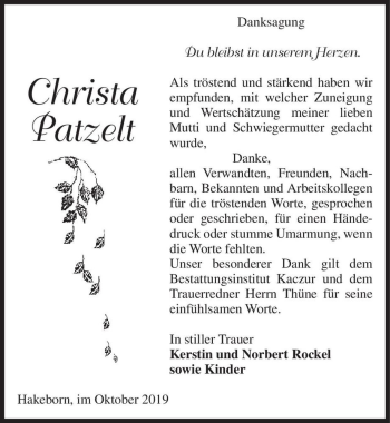 Traueranzeige von Christa Patzelt  von Magdeburger Volksstimme