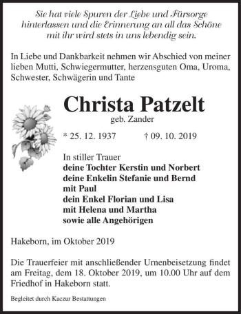 Traueranzeige von Christa Patzelt (geb. Zander)  von Magdeburger Volksstimme