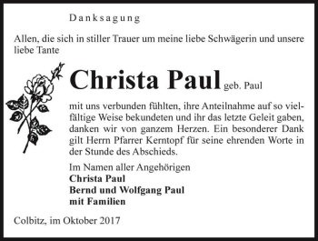 Traueranzeige von Christa Paul (geb. Paul)  von Magdeburger Volksstimme