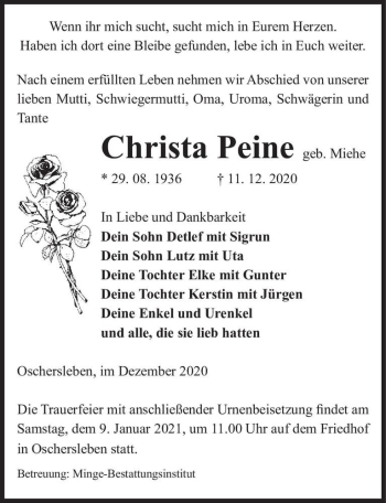 Traueranzeige von Christa Peine (geb. Miehe)  von Magdeburger Volksstimme