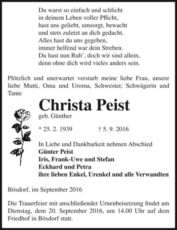 Traueranzeige von Christa Peist (geb. Günther)  von Magdeburger Volksstimme