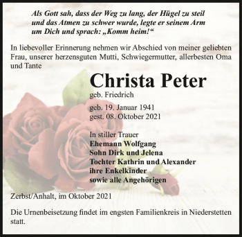 Traueranzeige von Christa Peter (geb. Friedrich)  von Magdeburger Volksstimme
