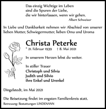 Traueranzeige von Christa Peterke  von Magdeburger Volksstimme