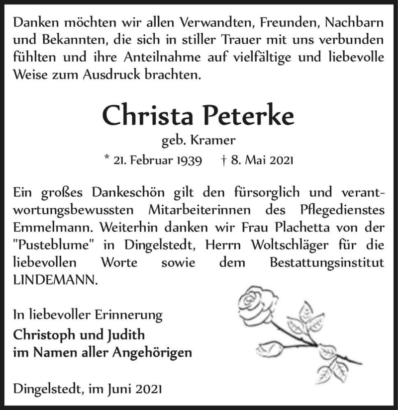  Traueranzeige für Christa Peterke (geb. Kramer)  vom 12.06.2021 aus Magdeburger Volksstimme